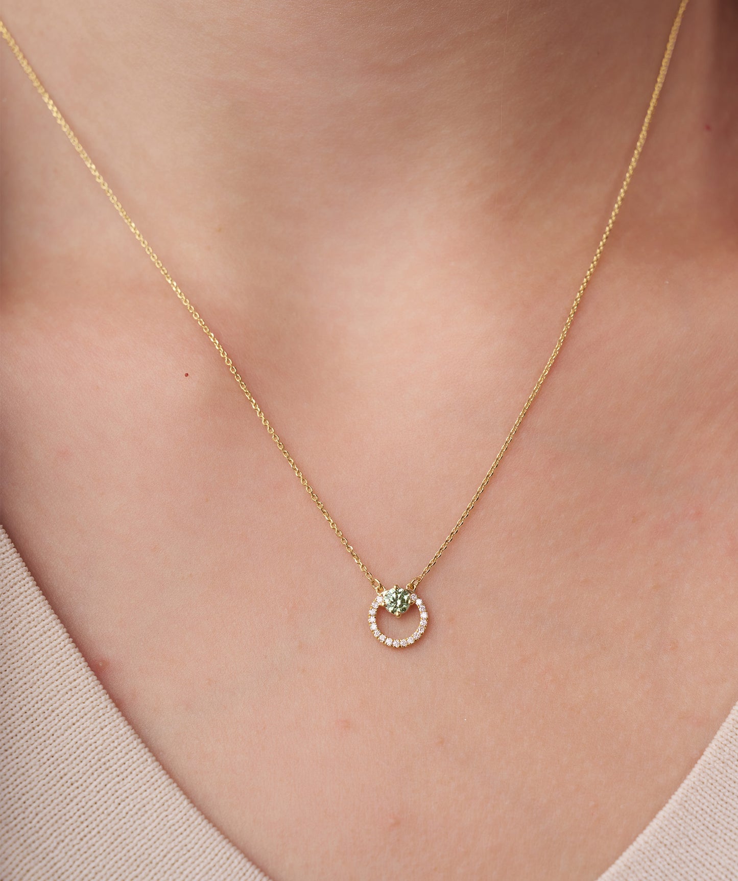 Circle Pendant Necklace with Green Gemstone & Diamonds