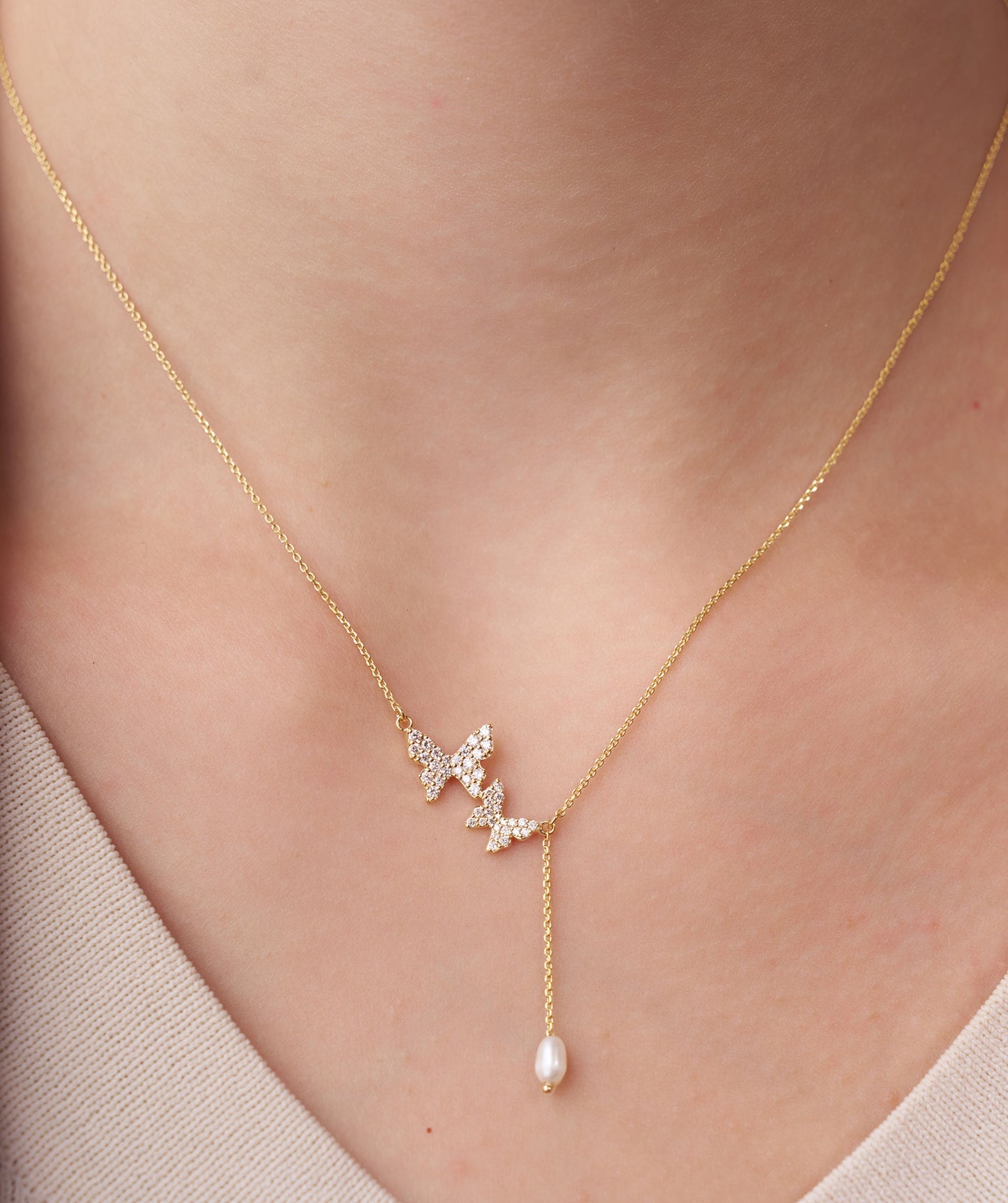 14K Gold Butterfly Lariat Necklace