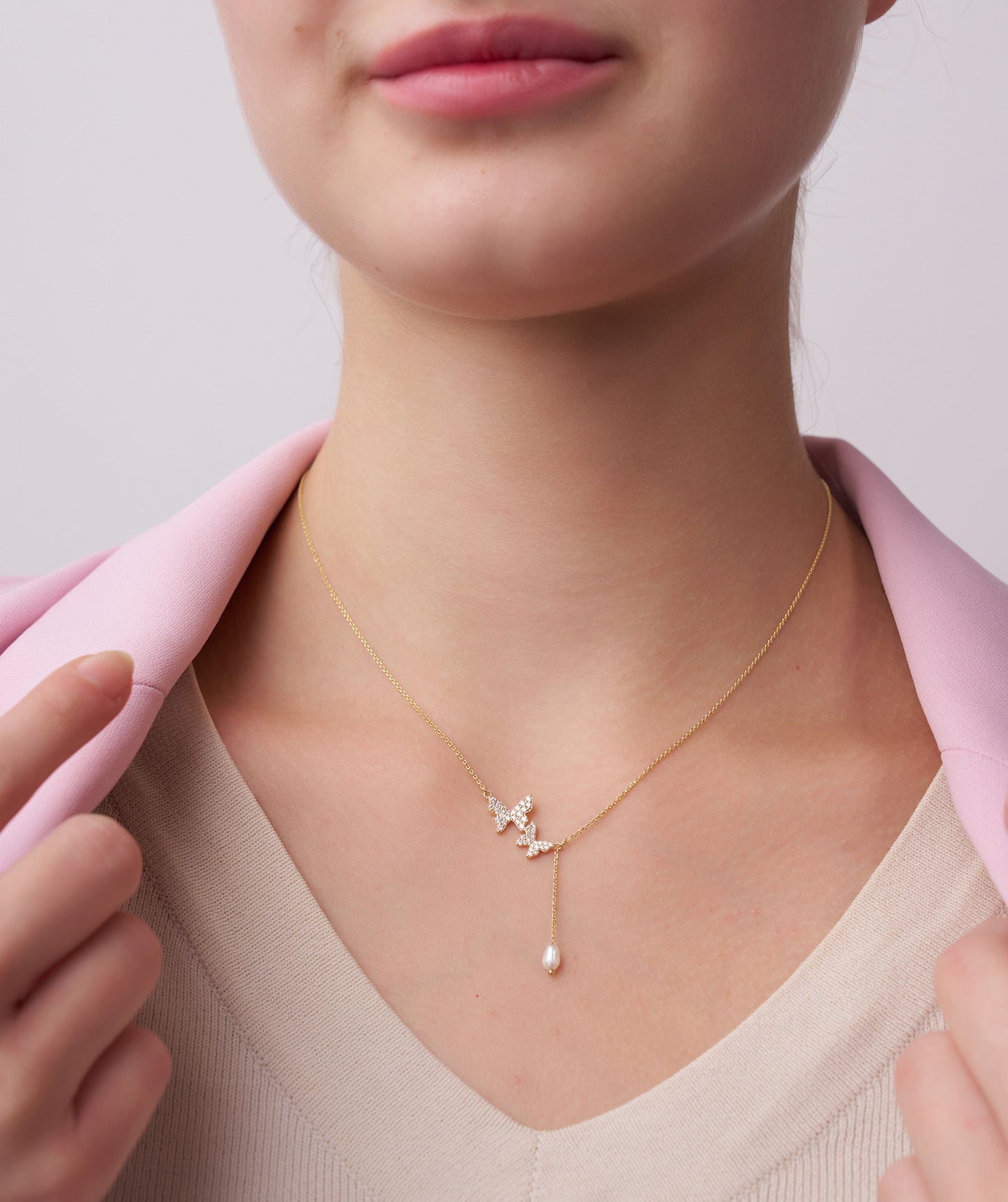 14K Gold Butterfly Lariat Necklace