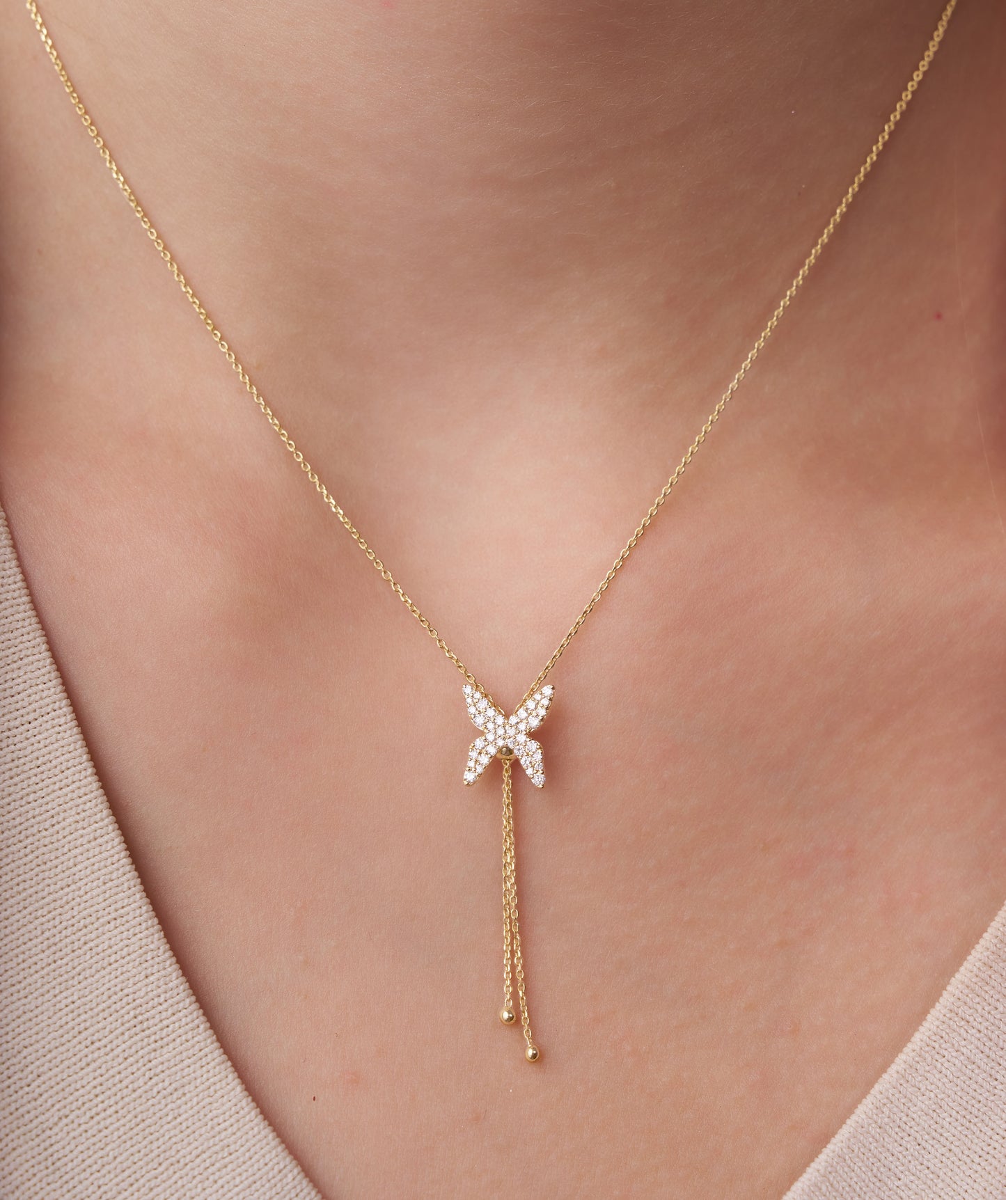 14K Gold Diamond Butterfly Lariat Necklace