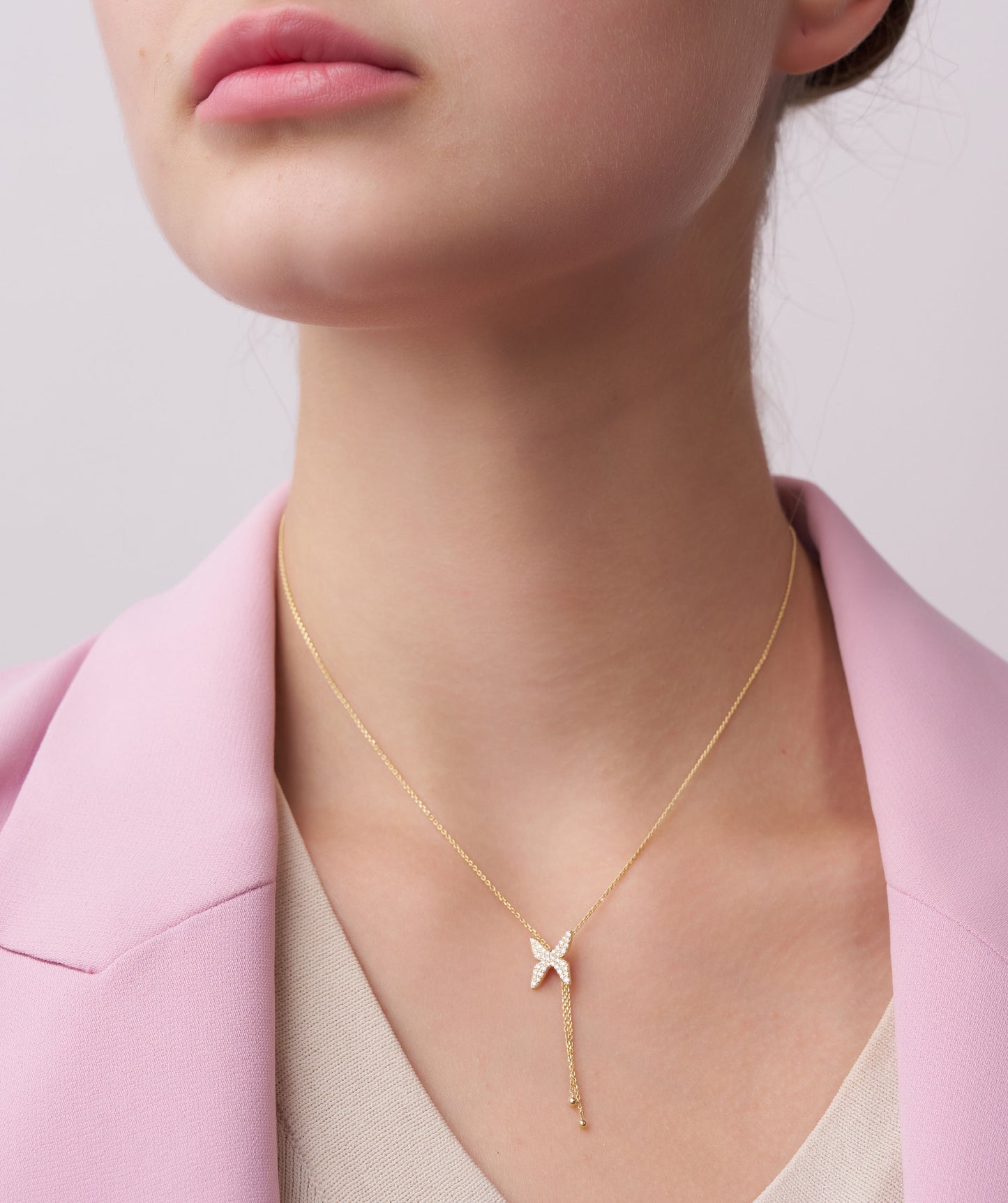 14K Gold Diamond Butterfly Lariat Necklace