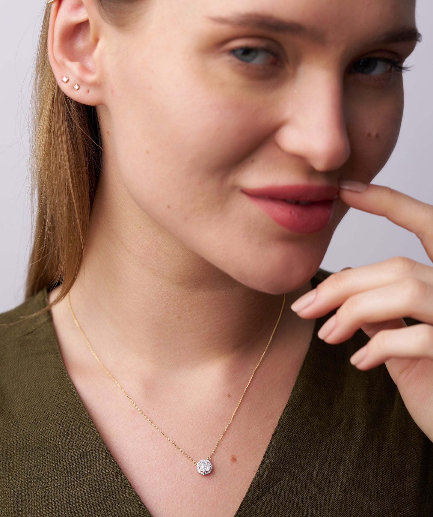 14K Gold Asscher Diamond Halo Pendant