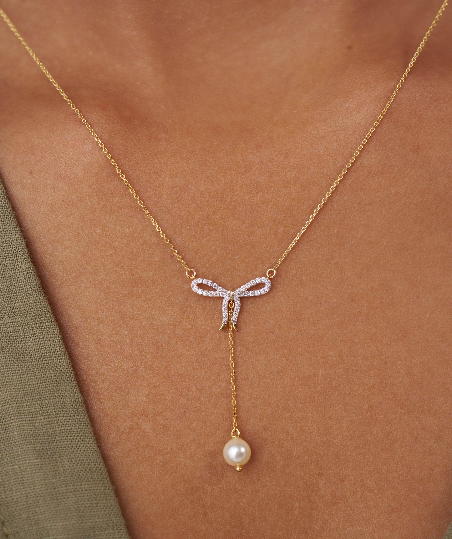 Diamond Bow Necklace with Pearl Drop