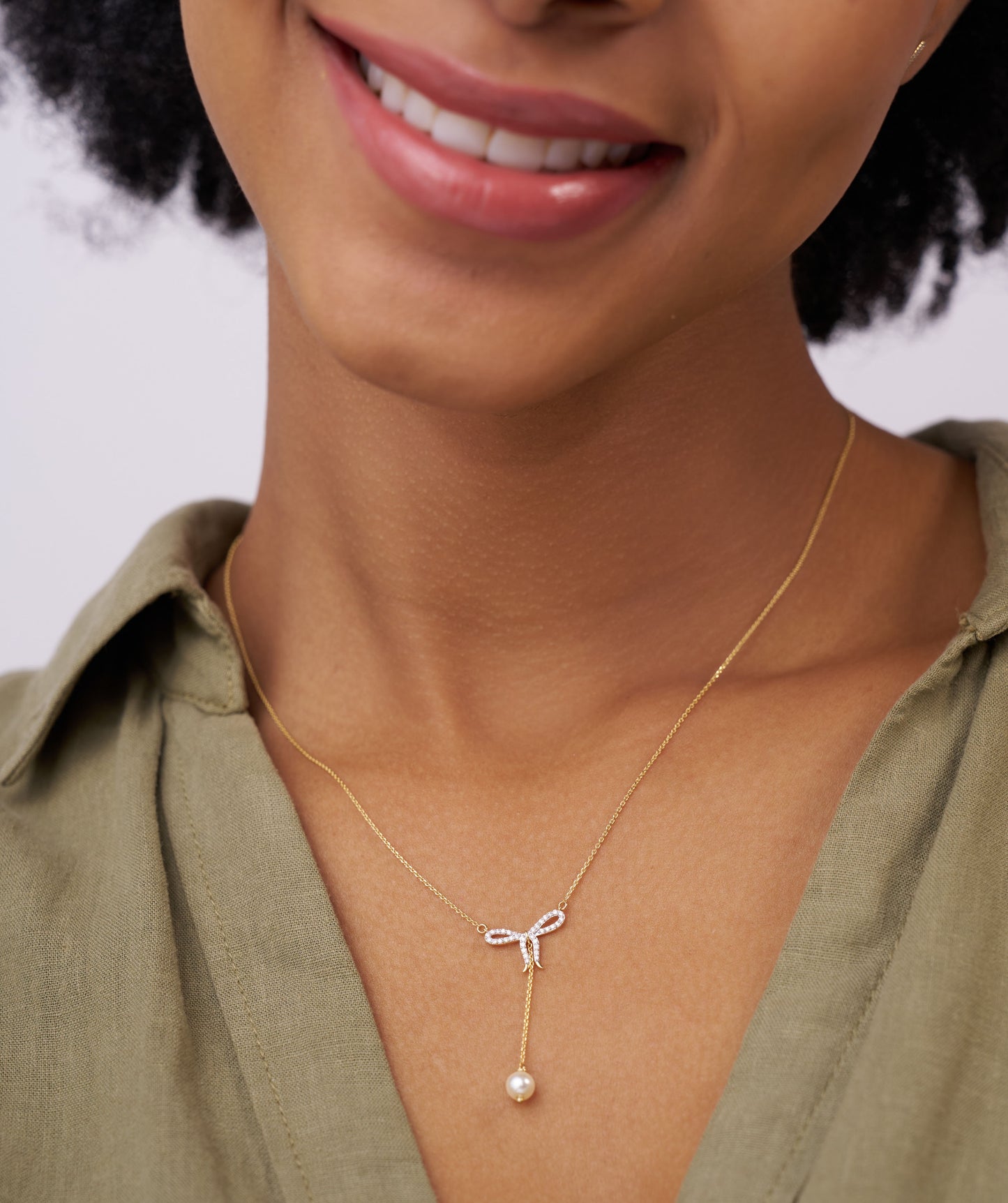 Diamond Bow Necklace with Pearl Drop