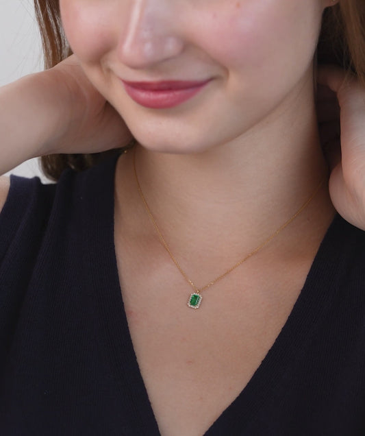 Emerald-Cut Green Stone Halo Necklace
