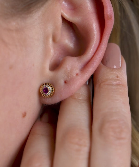 14K Gold Ruby Halo Stud Earrings