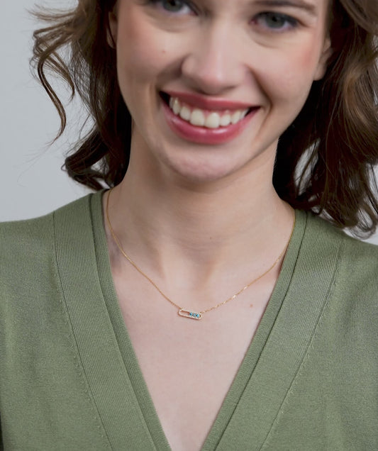 14K Gold Vertical Bar Movable Necklace with Blue Accents