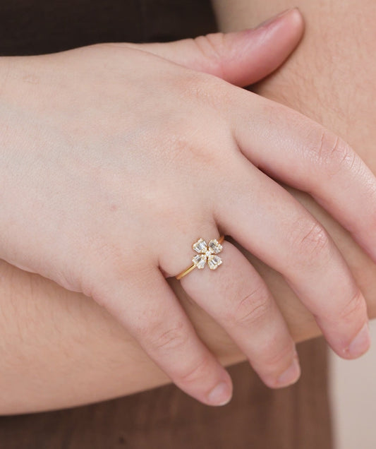 14K Gold Baguette Diamond Flower Ring