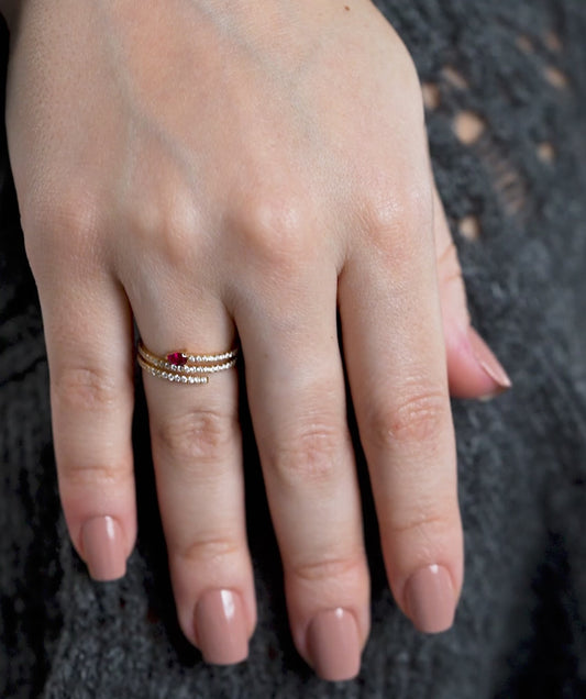 Ruby Heart 14K Gold Double Row Ring