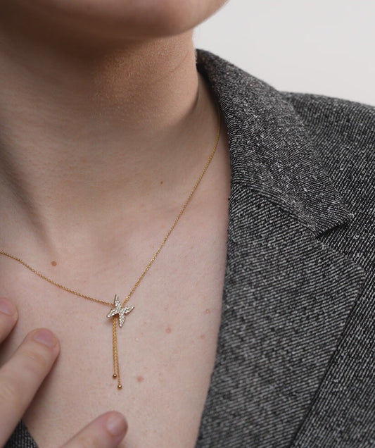 14K Gold Diamond Butterfly Lariat Necklace