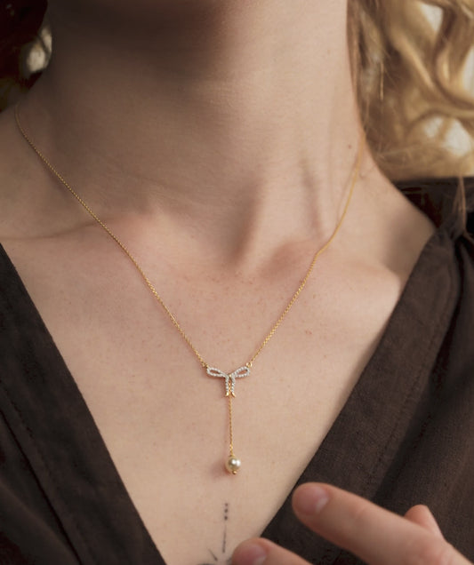 Diamond Bow Necklace with Pearl Drop