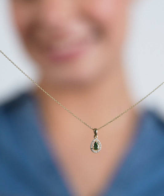 Green Pear 14K Gold Halo Pendant