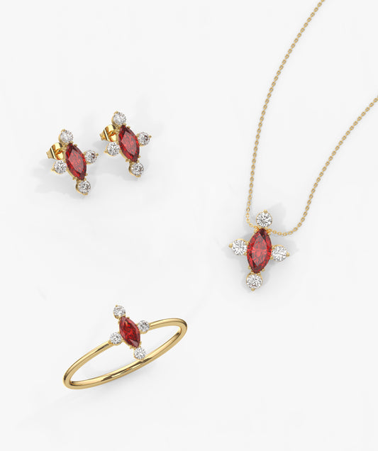 14k Gold Red Gemstone Diamond Set
