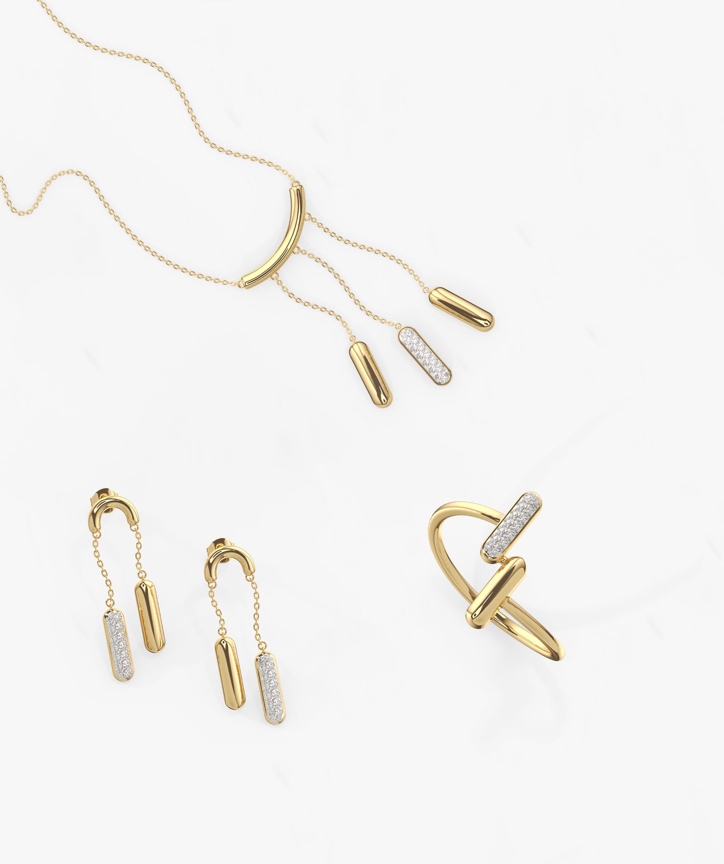 14k Solid Gold Dainty Diamond Bar Jewelry Set
