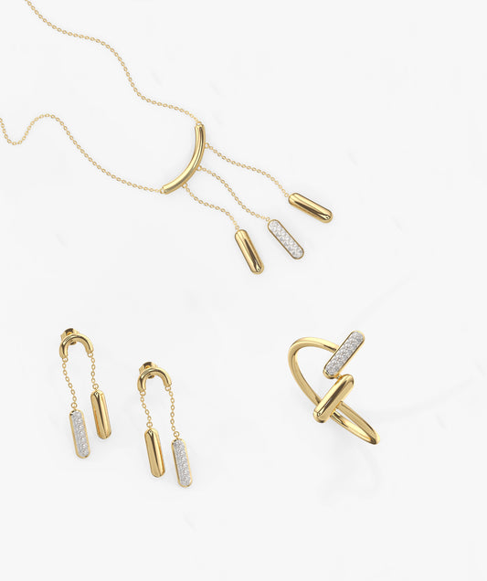 14k Solid Gold Dainty Diamond Bar Jewelry Set