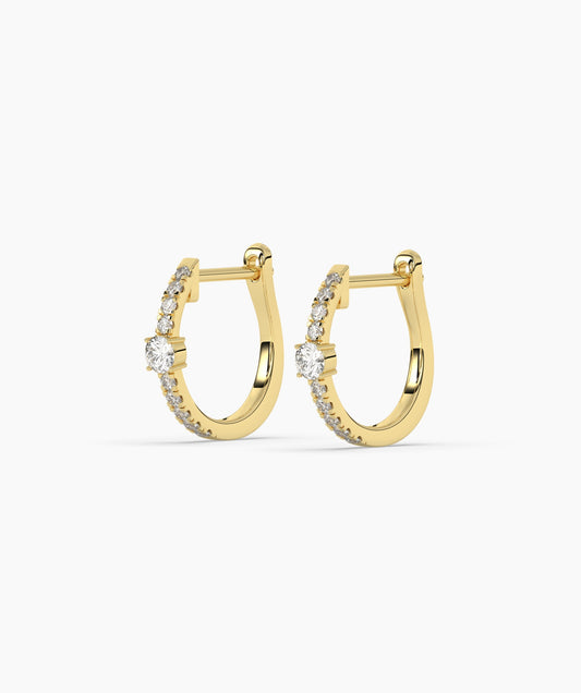 Center Solitaire Pave Diamond Huggie Hoops In Yellow Gold