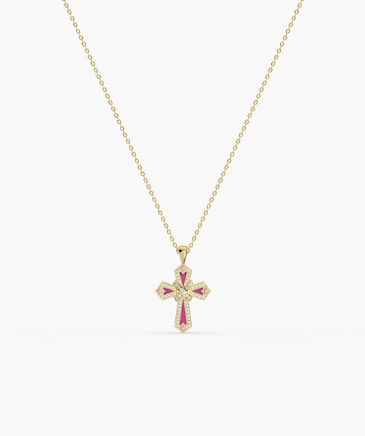Pink Enamel & Diamond Cross Pendant