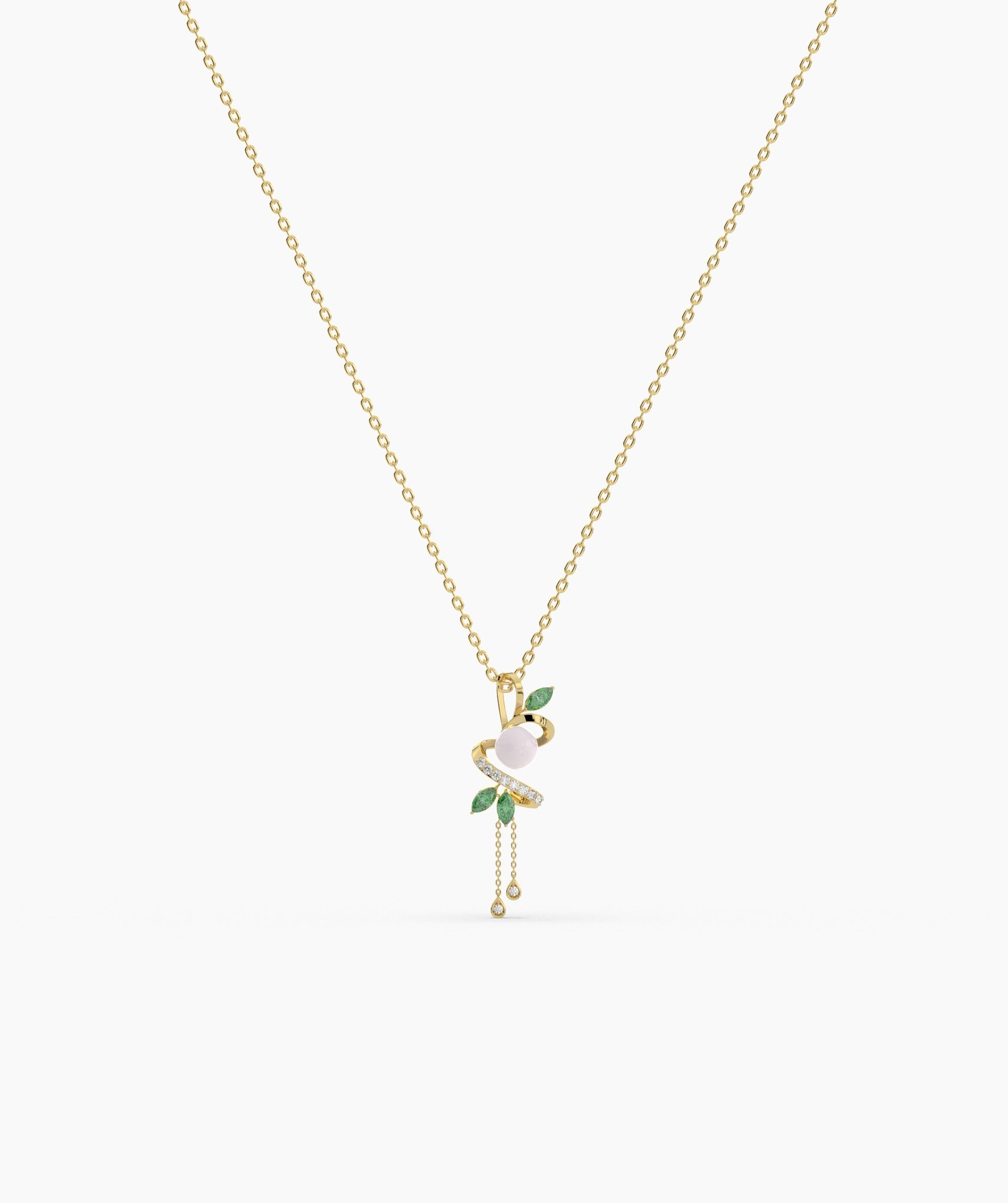Pearl & Green Diamond Vine Drop Necklace