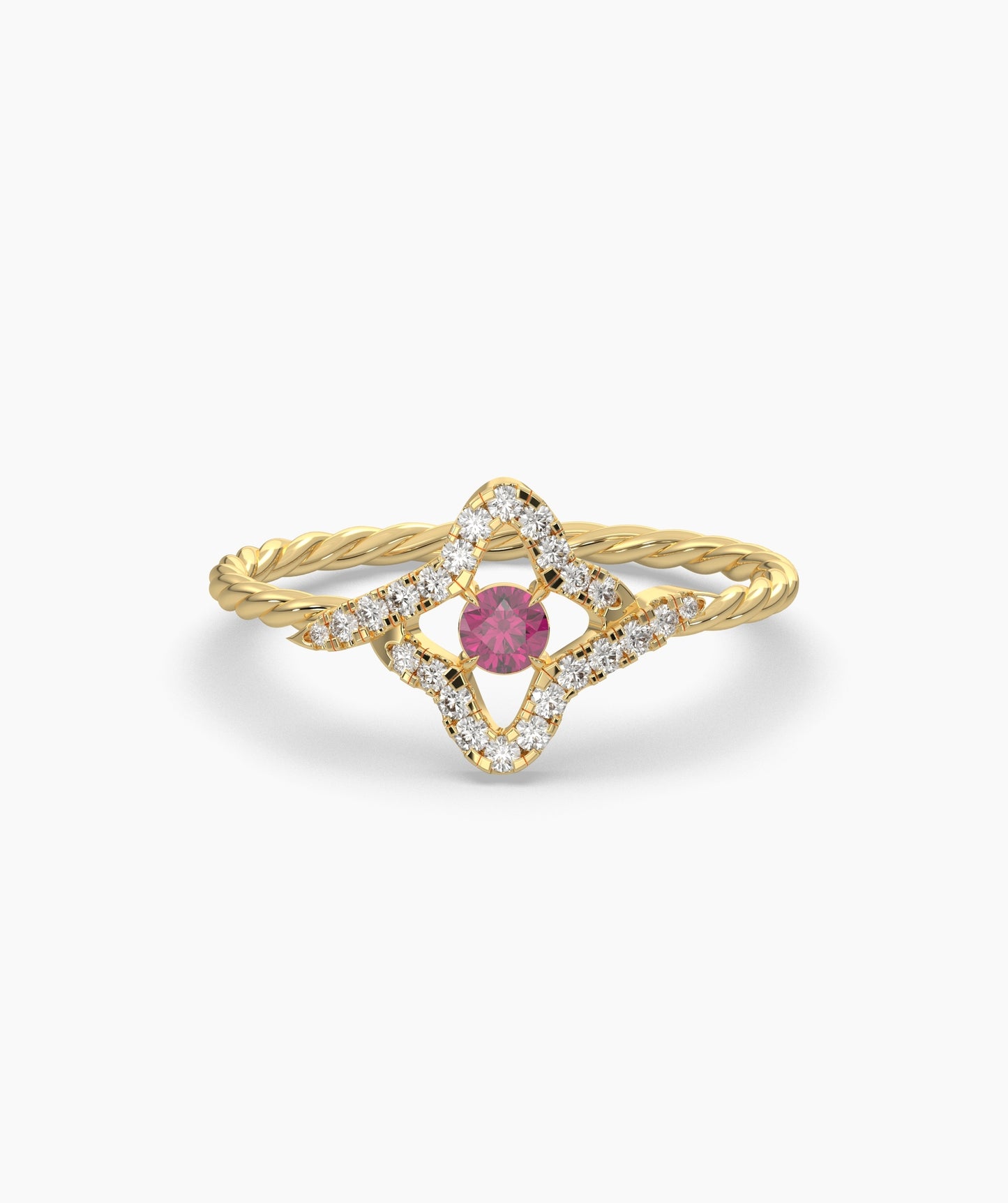 Four Point Star Green Diamond Twisted Rope Ring in 14K Gold