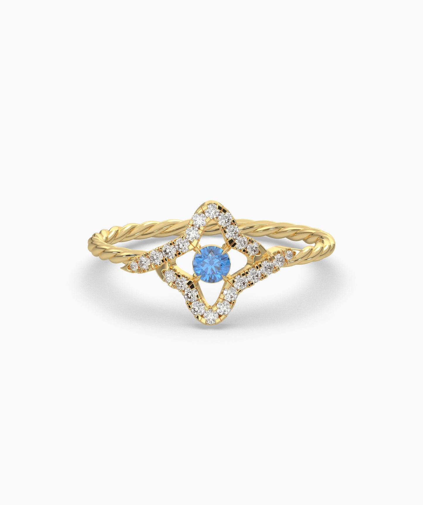 Four Point Star Green Diamond Twisted Rope Ring in 14K Gold