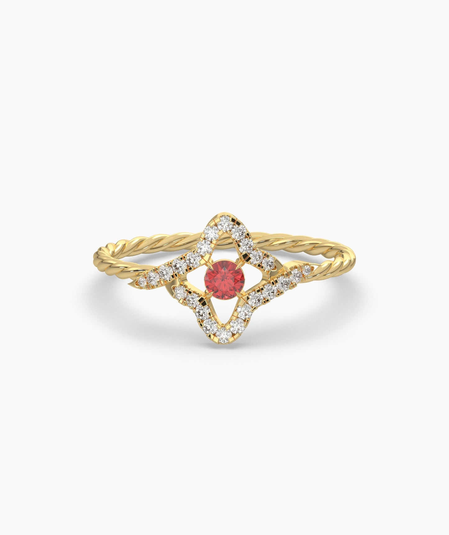 Four Point Star Green Diamond Twisted Rope Ring in 14K Gold