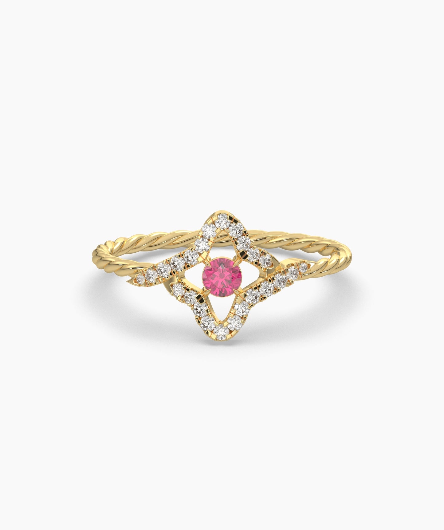 Four Point Star Green Diamond Twisted Rope Ring in 14K Gold