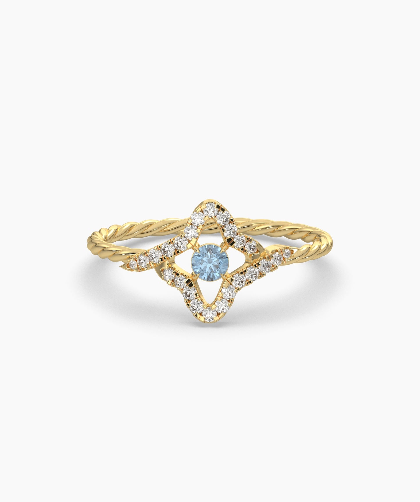 Four Point Star Green Diamond Twisted Rope Ring in 14K Gold