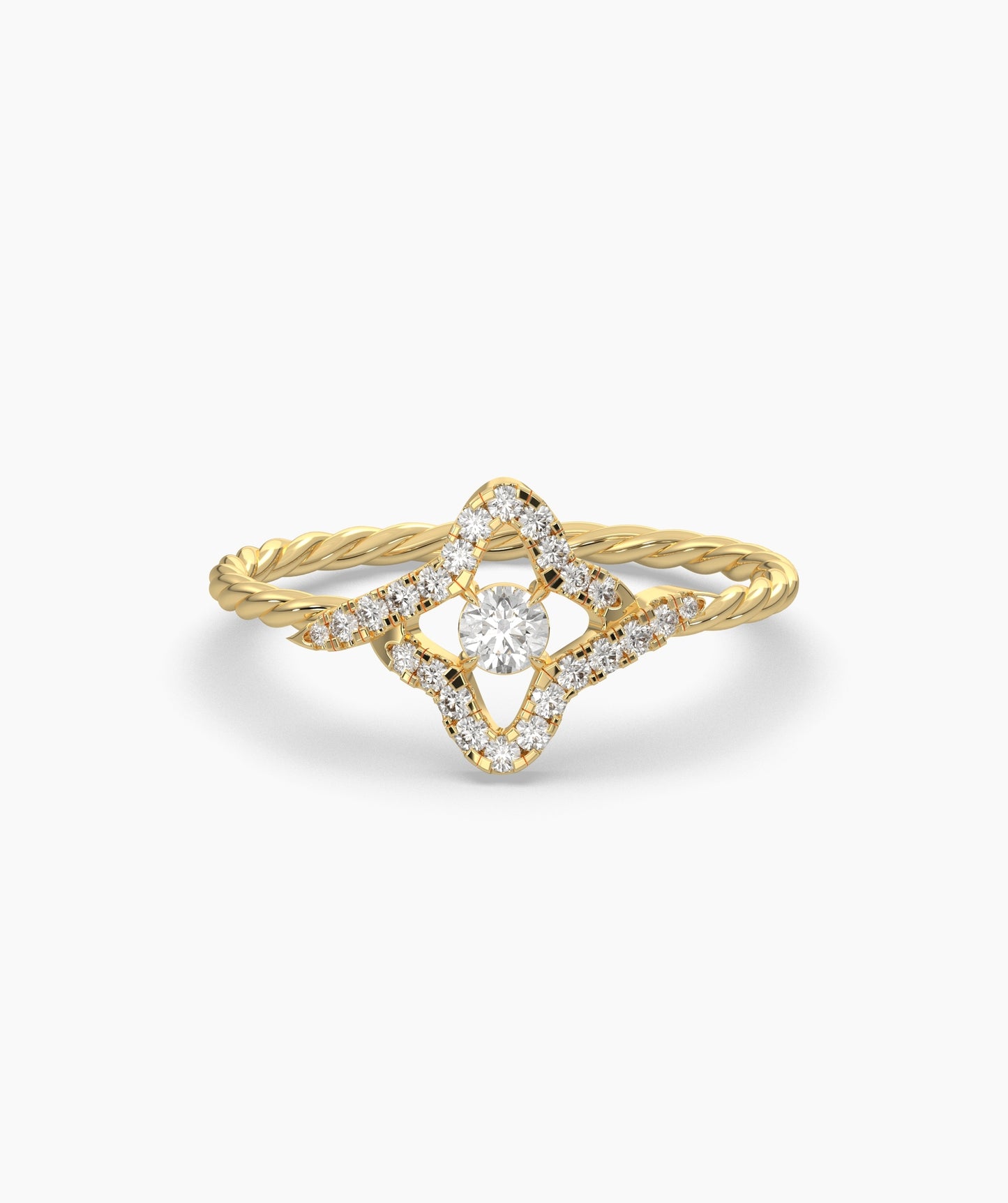 Four Point Star Green Diamond Twisted Rope Ring in 14K Gold