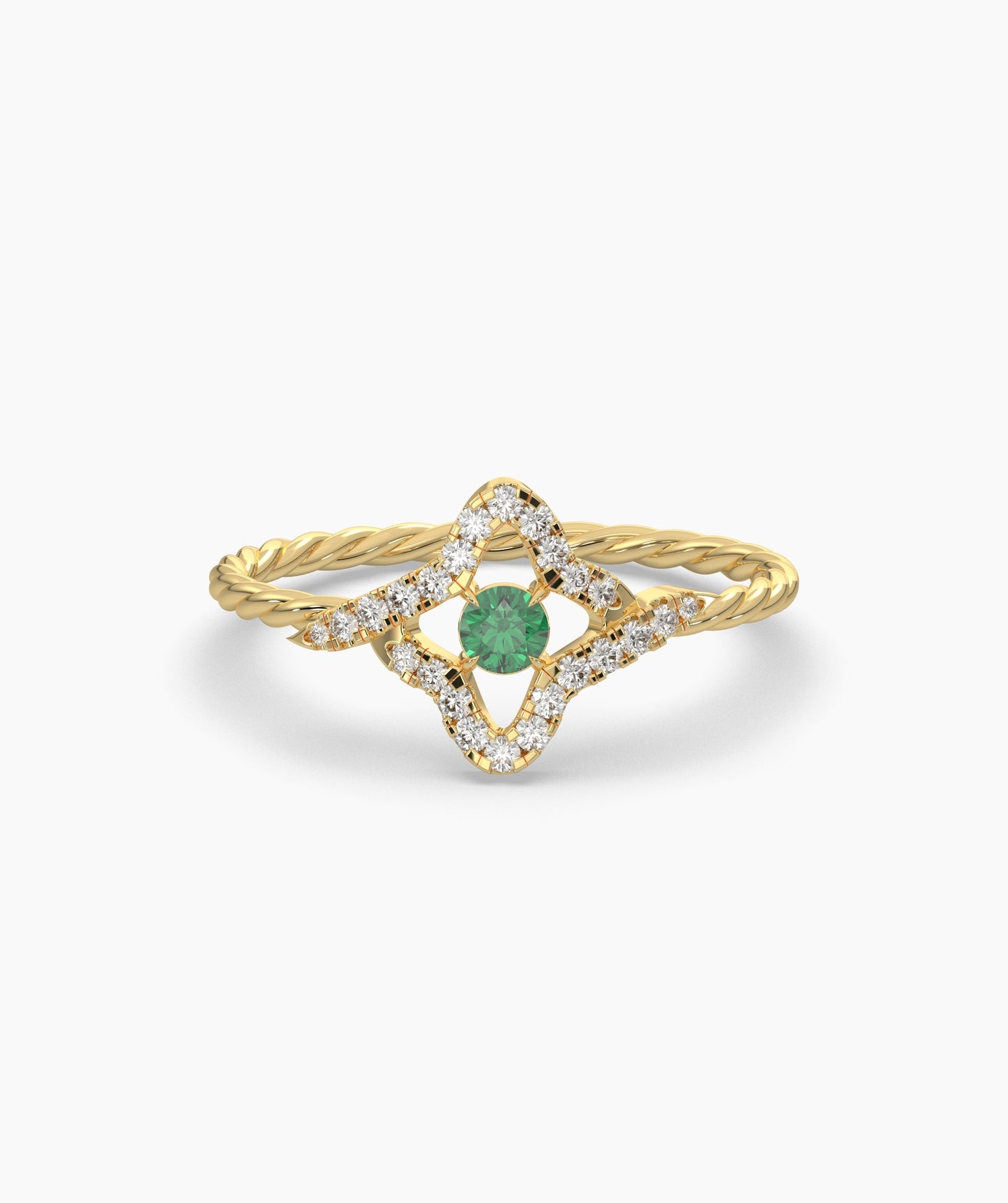 Four Point Star Green Diamond Twisted Rope Ring in 14K Gold