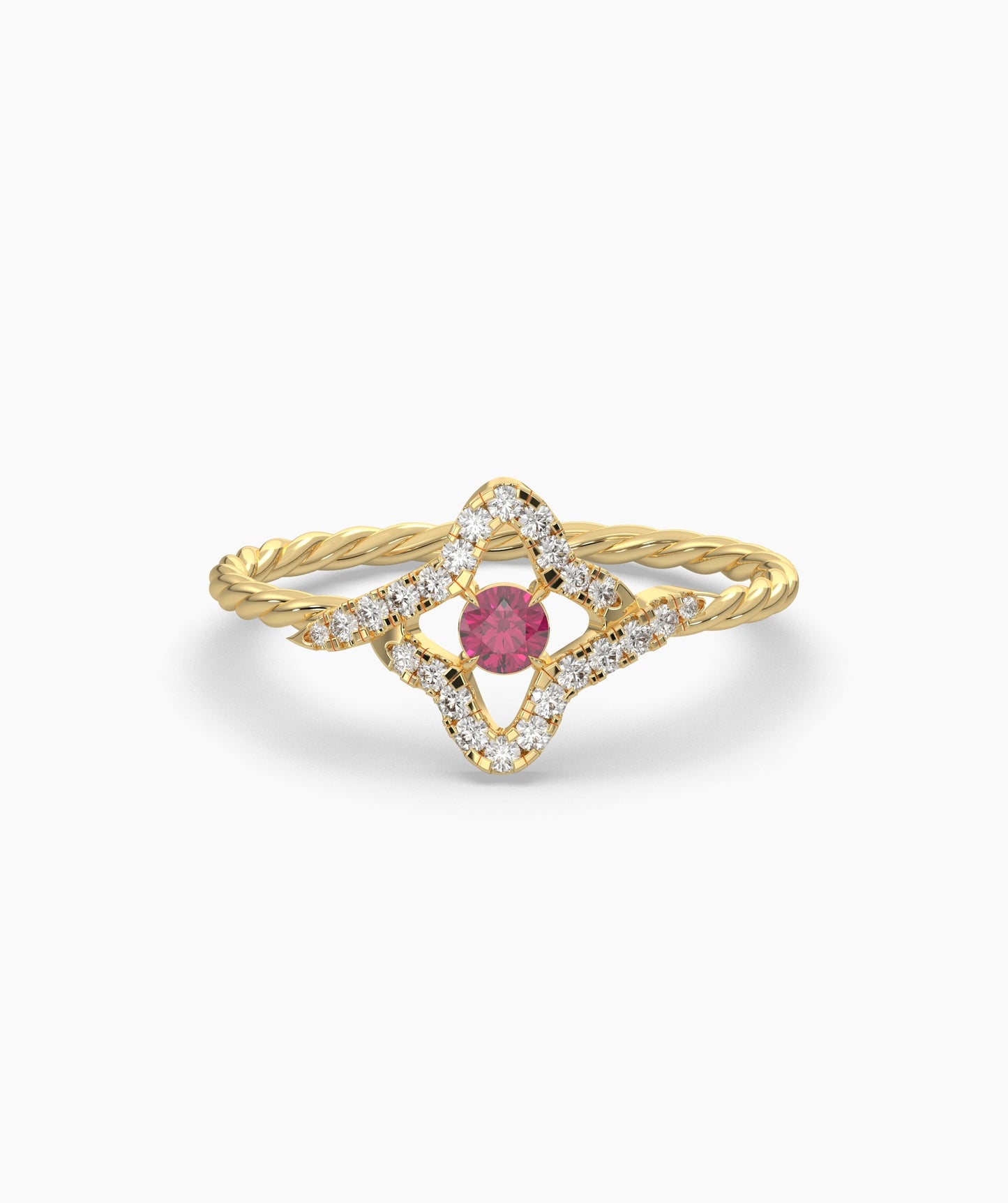 Four Point Star Green Diamond Twisted Rope Ring in 14K Gold