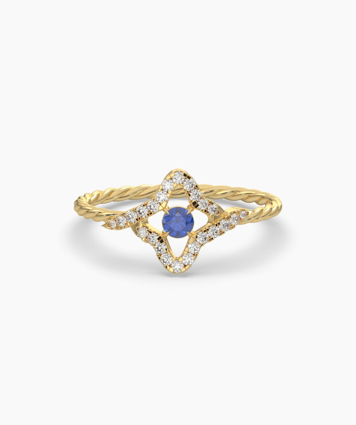 Four Point Star Green Diamond Twisted Rope Ring in 14K Gold