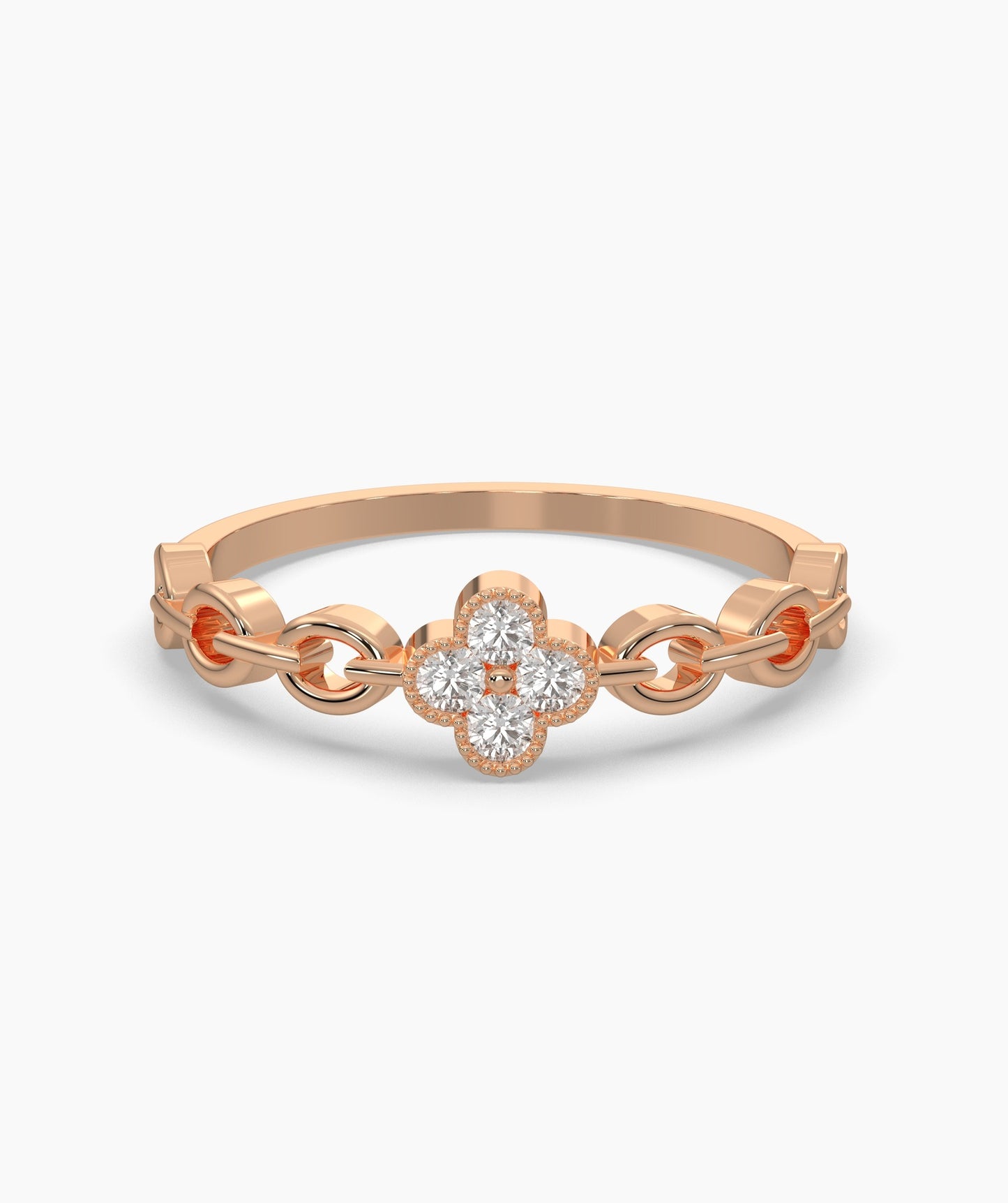 14K Gold Floral Clover Diamond Chain Ring
