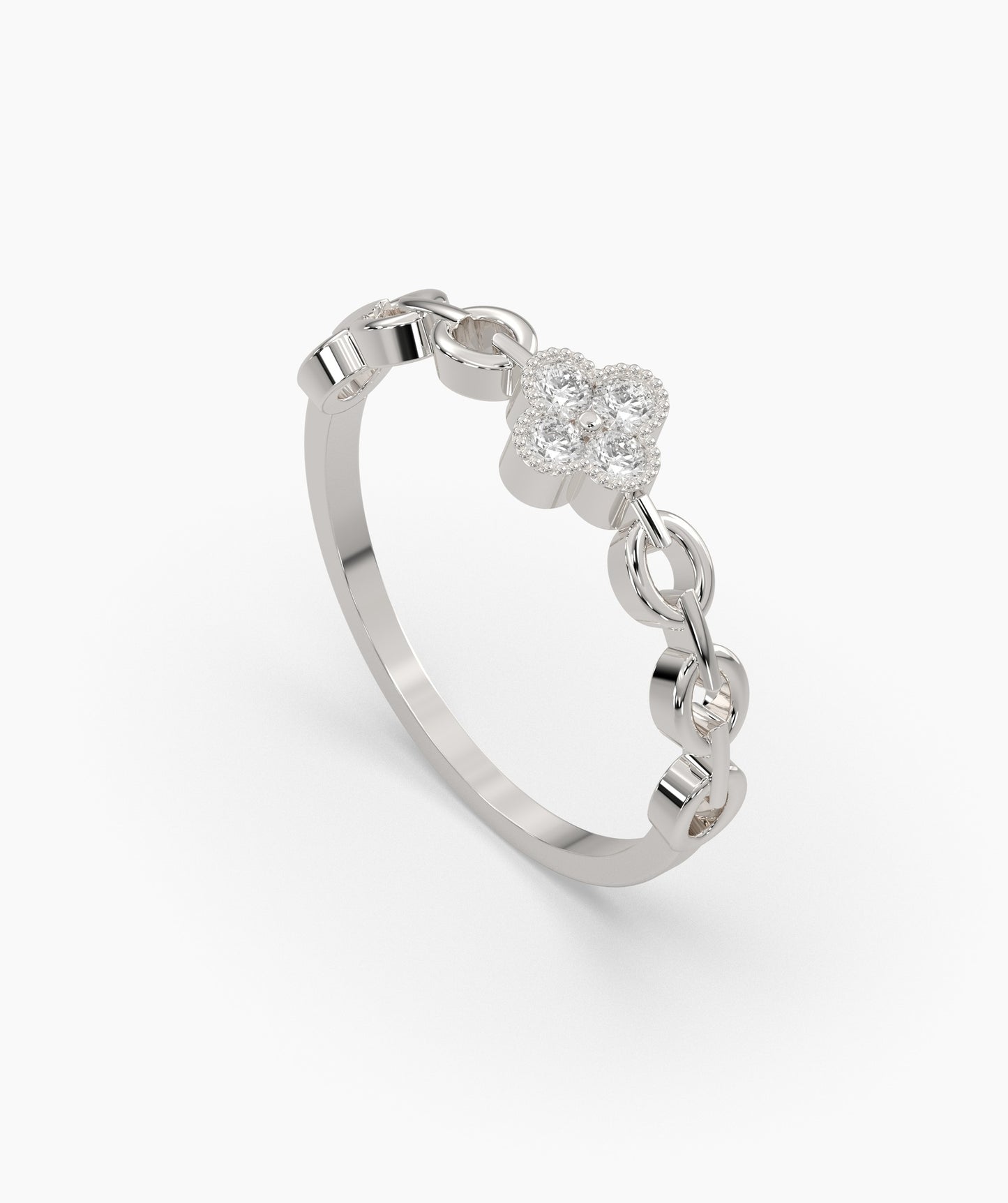 14K Gold Floral Clover Diamond Chain Ring