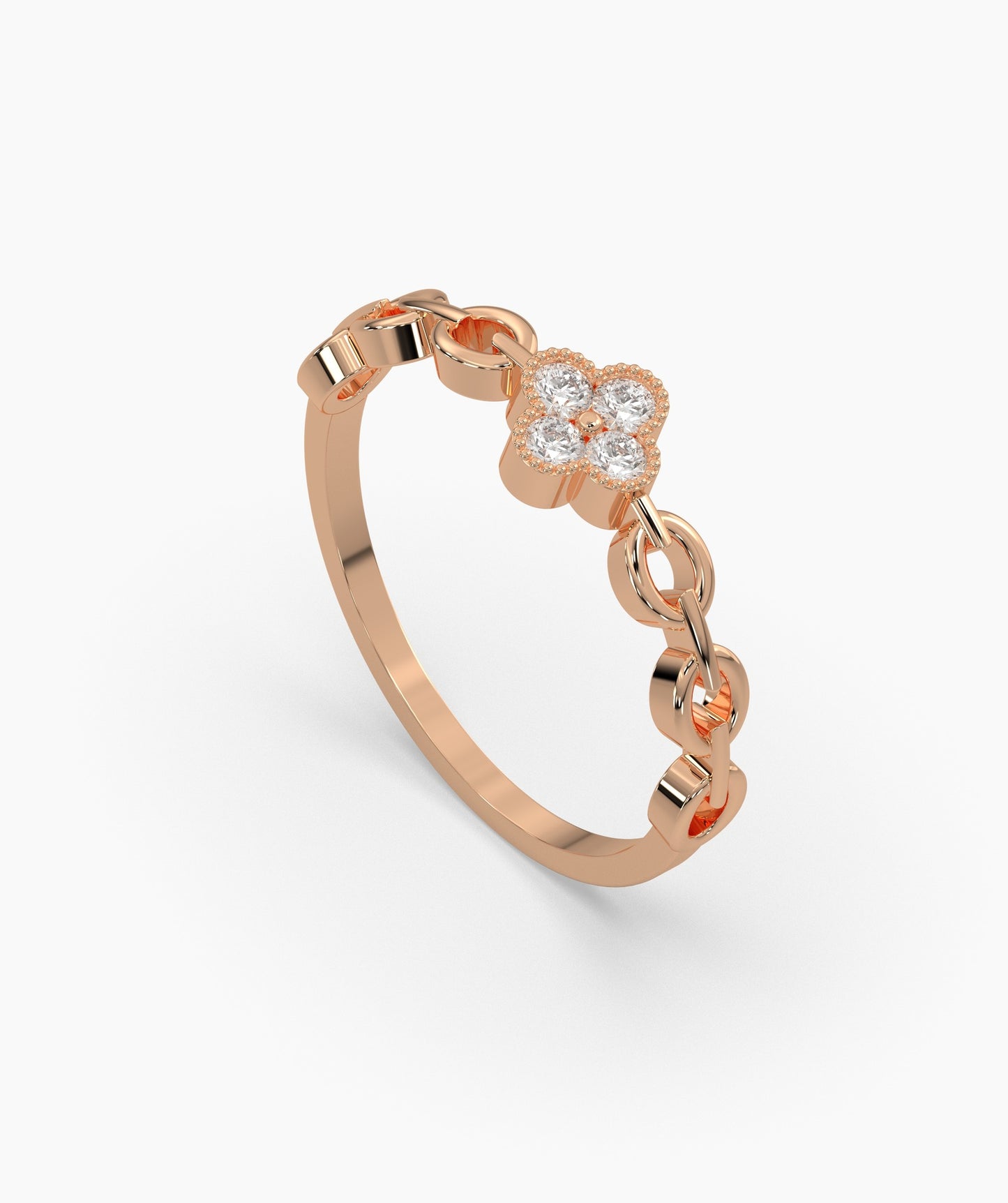 14K Gold Floral Clover Diamond Chain Ring