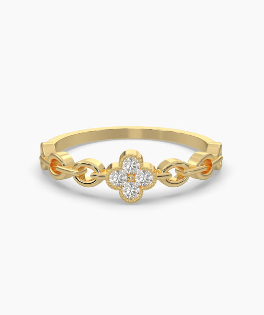 14K Gold Floral Clover Diamond Chain Ring