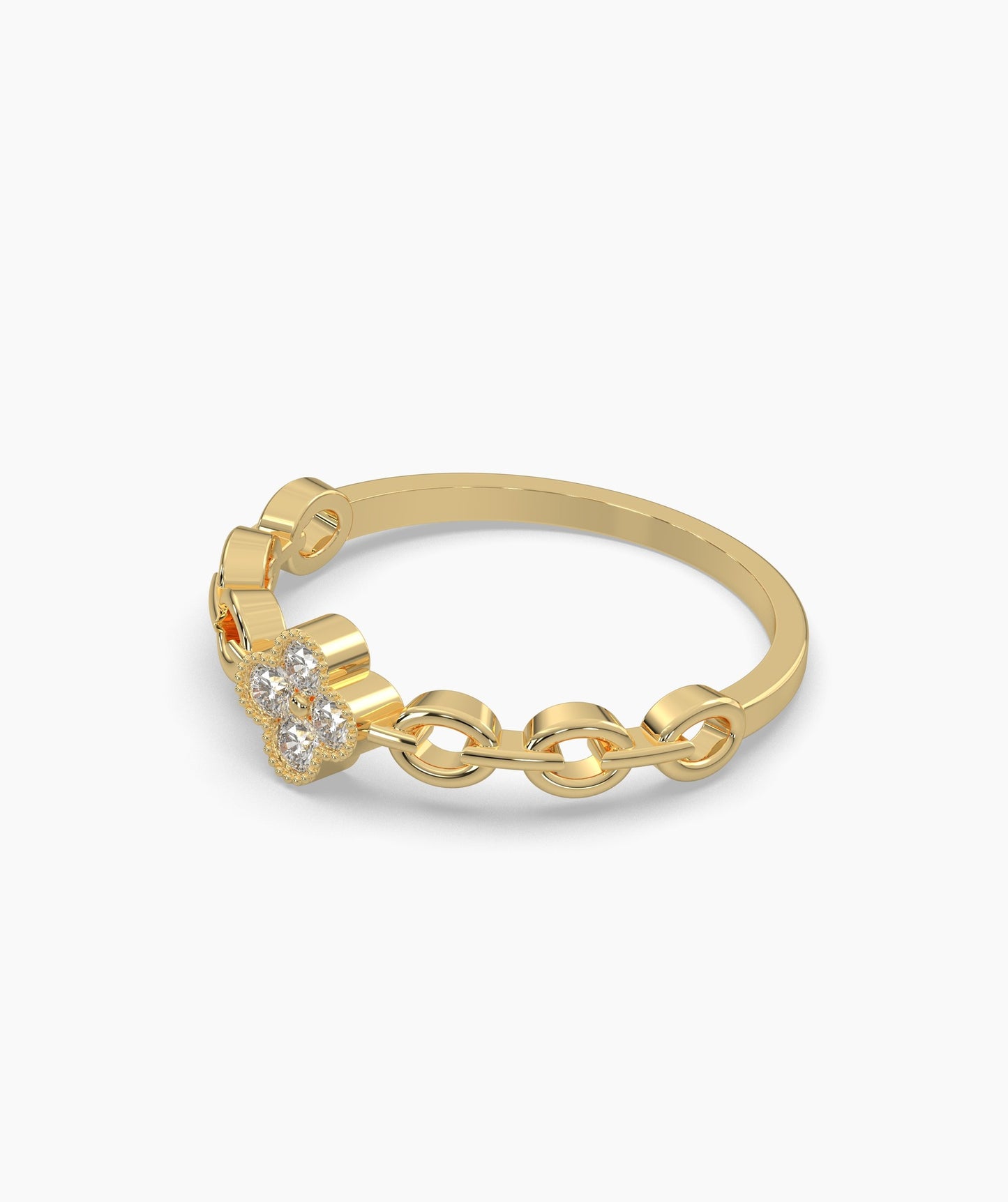 14K Gold Floral Clover Diamond Chain Ring