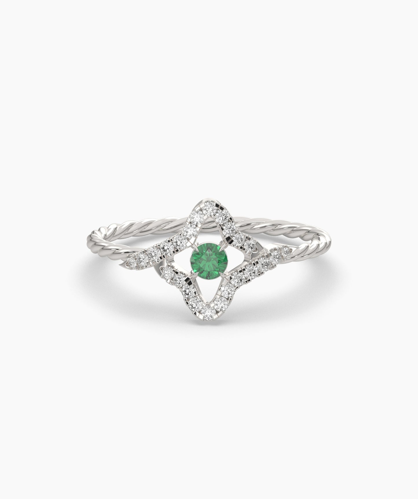 Four Point Star Green Diamond Twisted Rope Ring in 14K Gold