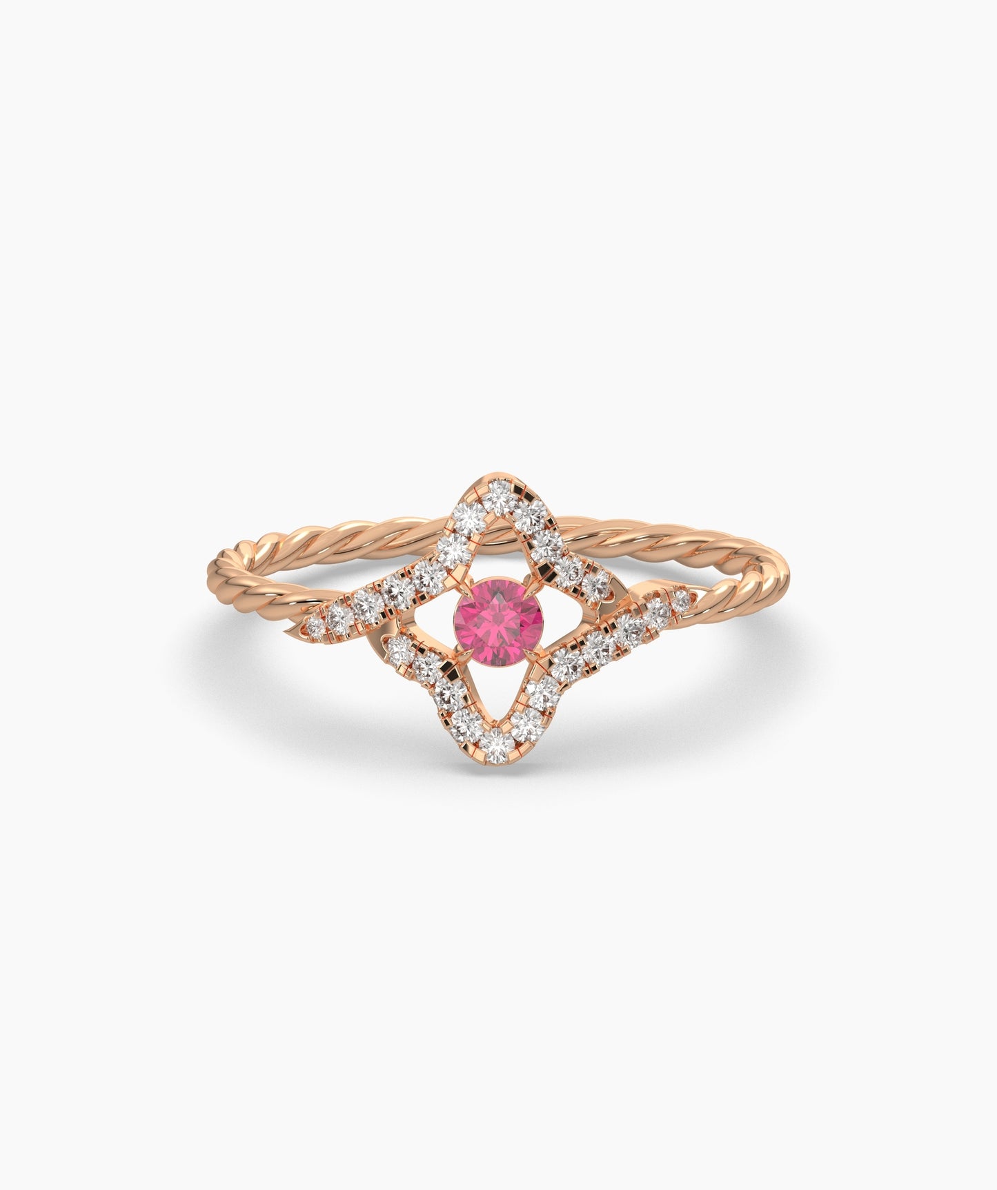 Four Point Star Green Diamond Twisted Rope Ring in 14K Gold