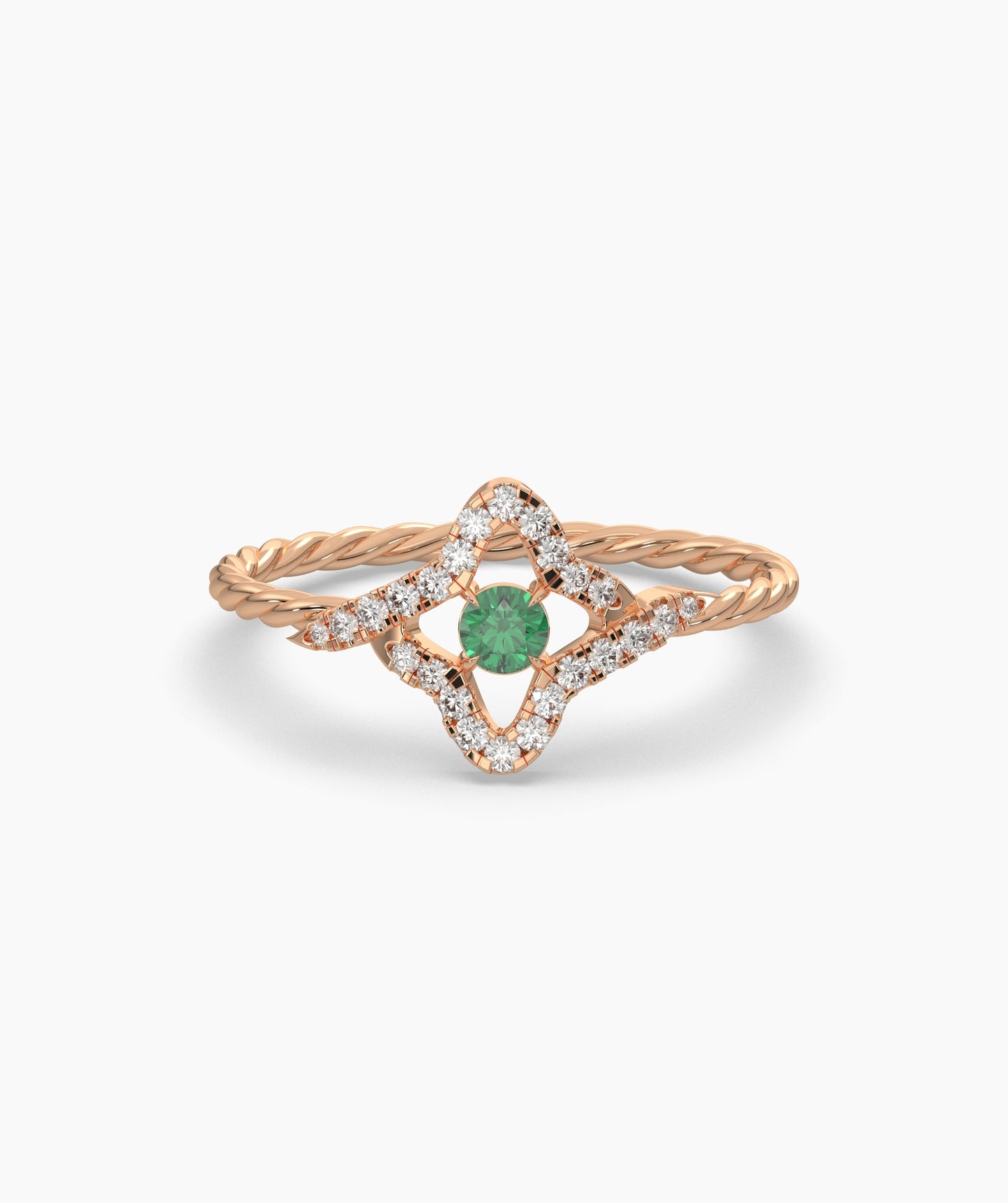 Four Point Star Green Diamond Twisted Rope Ring in 14K Gold