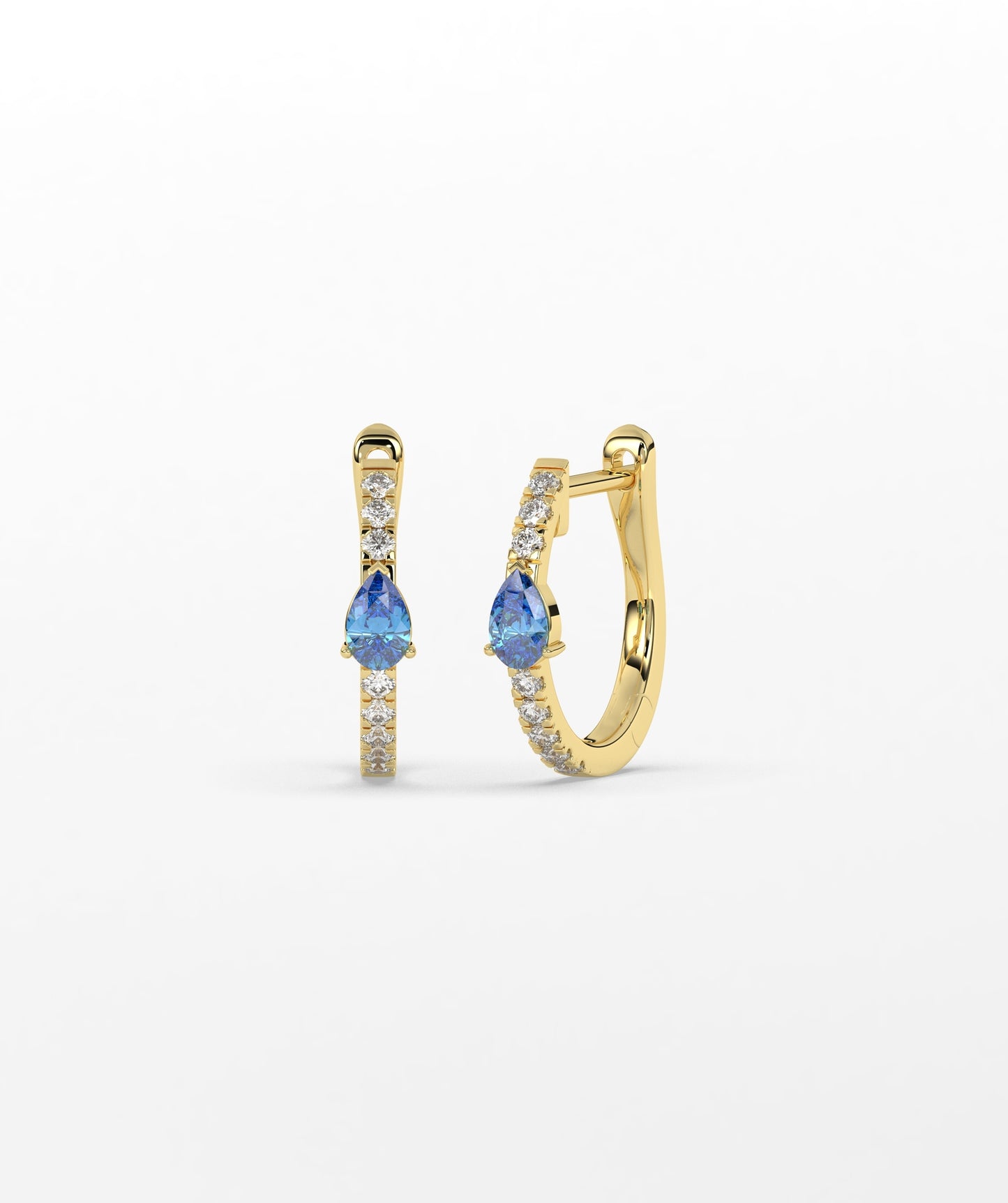 14K Gold Pear Blue Diamond & White Diamond Pavé Huggie Hoop Earrings
