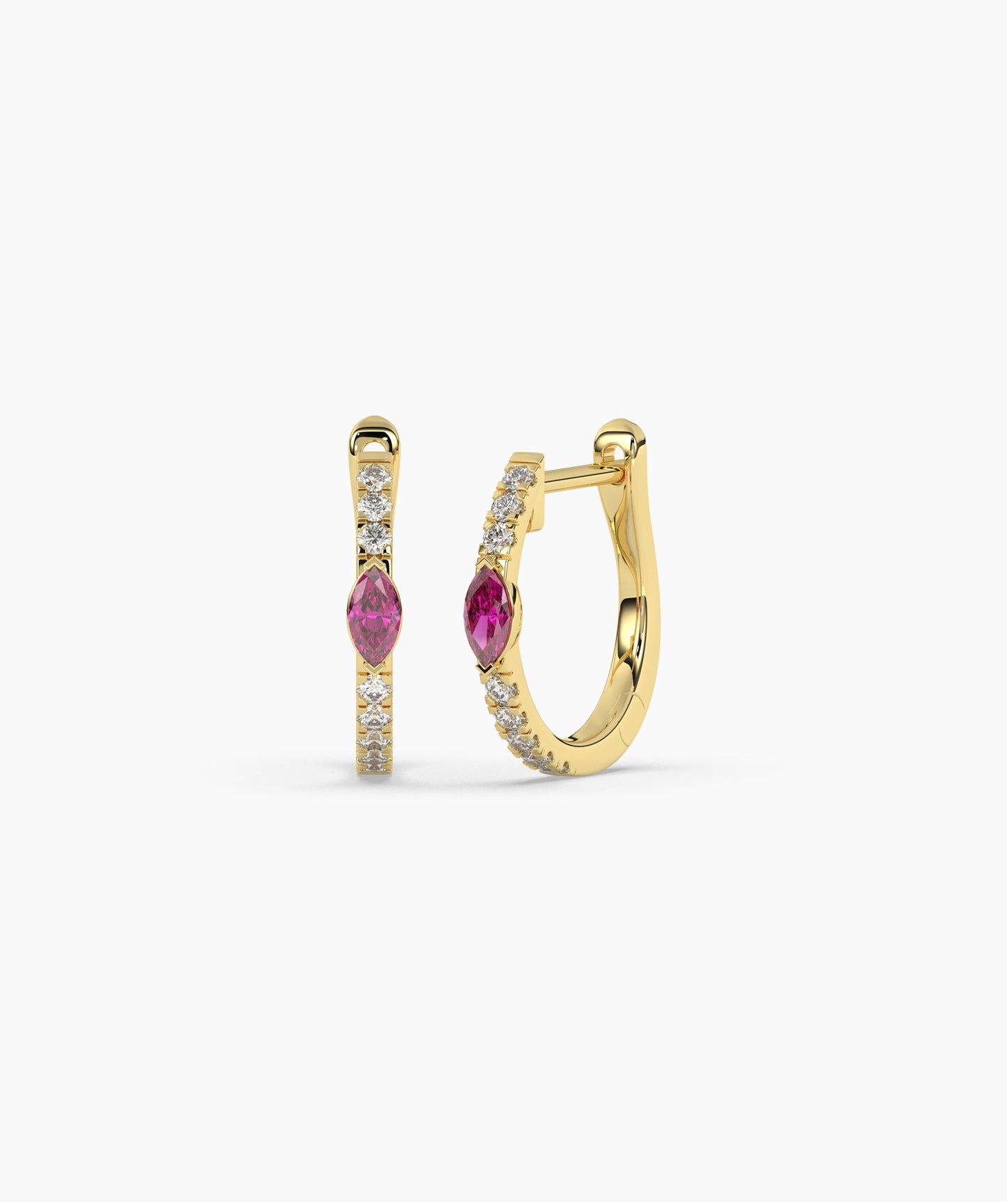 14K Gold Marquise Blue Diamond & White Diamond Huggie Hoop Earrings