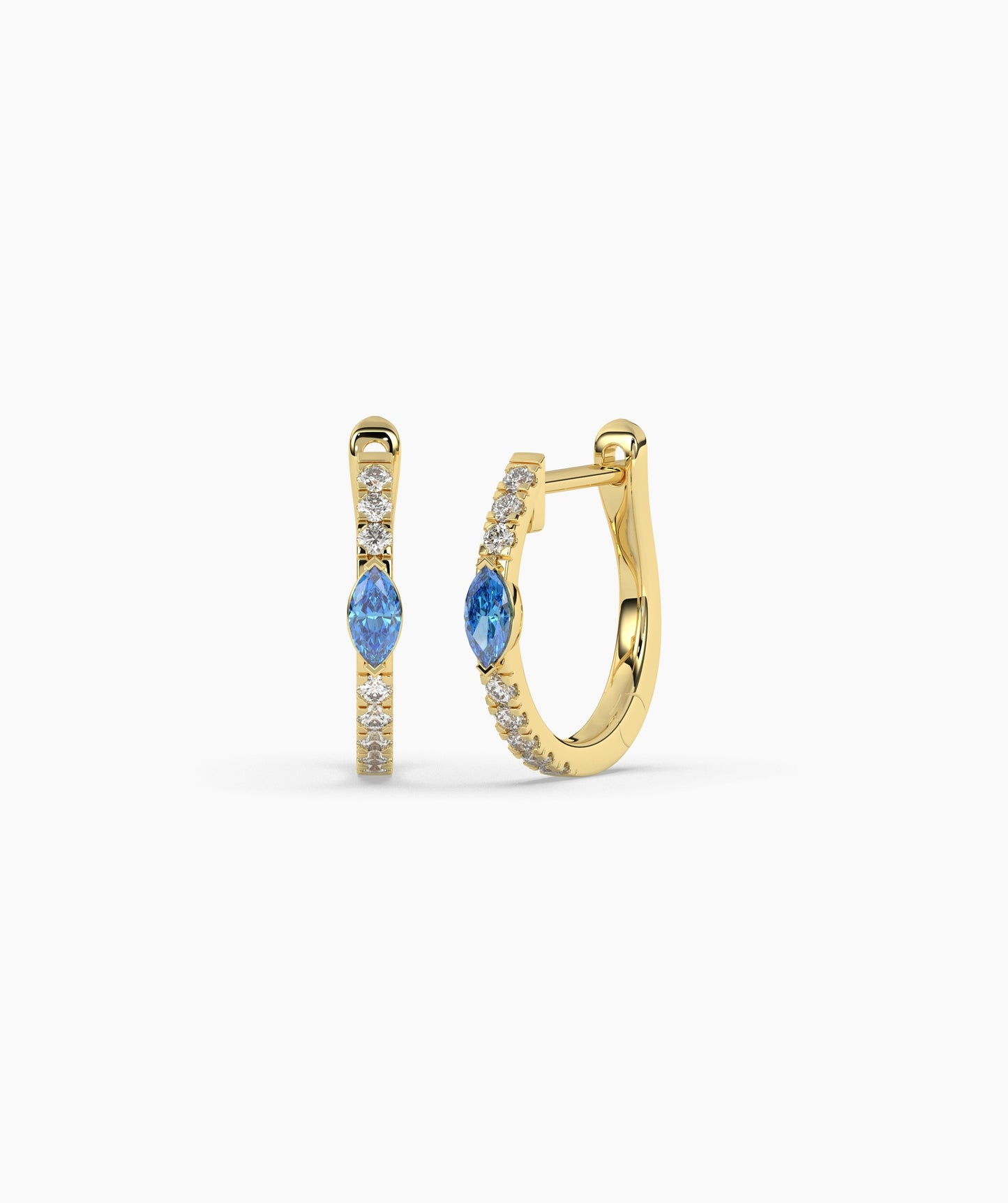 14K Gold Marquise Blue Diamond & White Diamond Huggie Hoop Earrings