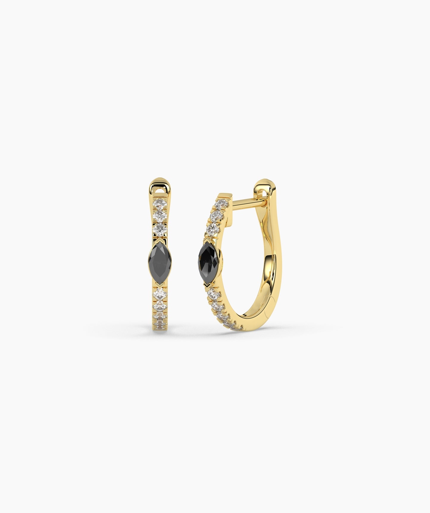 14K Gold Marquise Blue Diamond & White Diamond Huggie Hoop Earrings