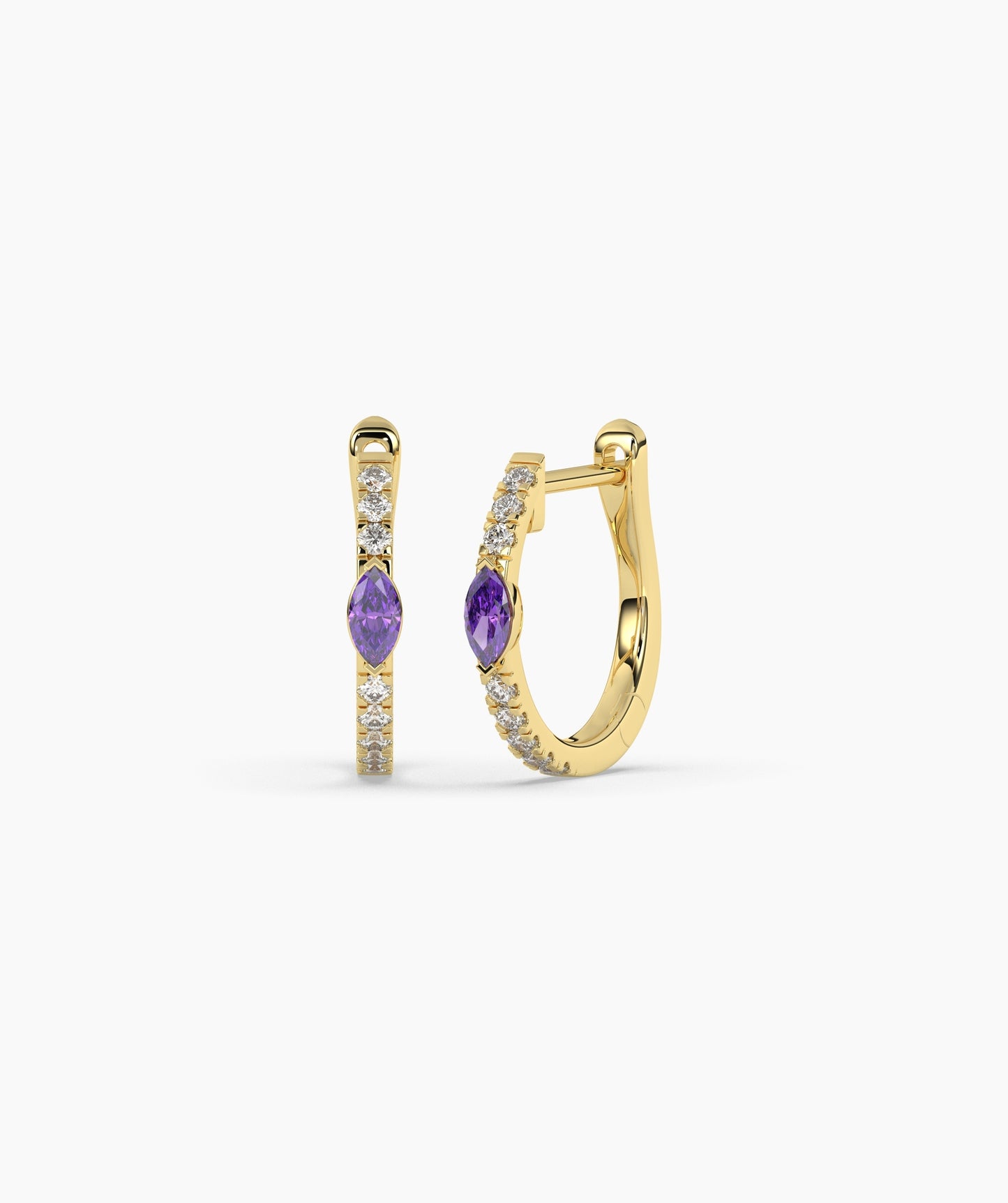 14K Gold Marquise Blue Diamond & White Diamond Huggie Hoop Earrings