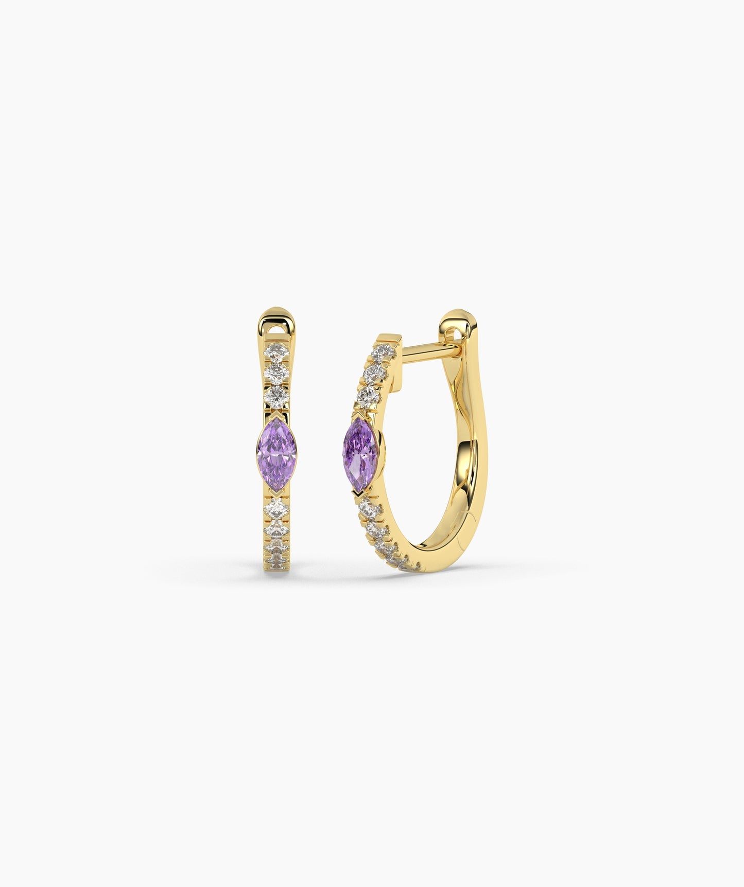 14K Gold Marquise Blue Diamond & White Diamond Huggie Hoop Earrings