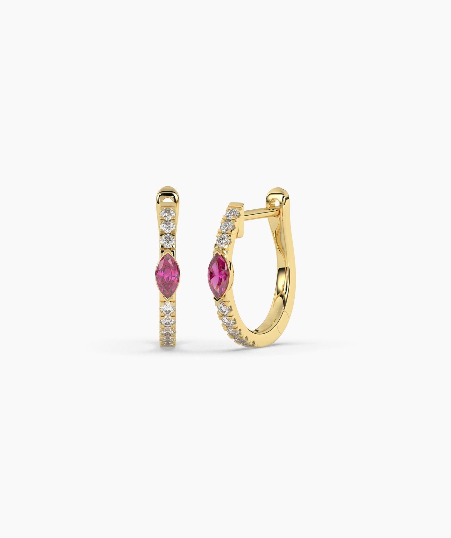 14K Gold Marquise Blue Diamond & White Diamond Huggie Hoop Earrings