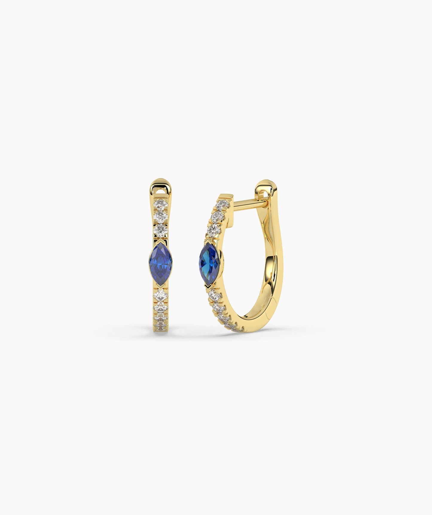 14K Gold Marquise Blue Diamond & White Diamond Huggie Hoop Earrings