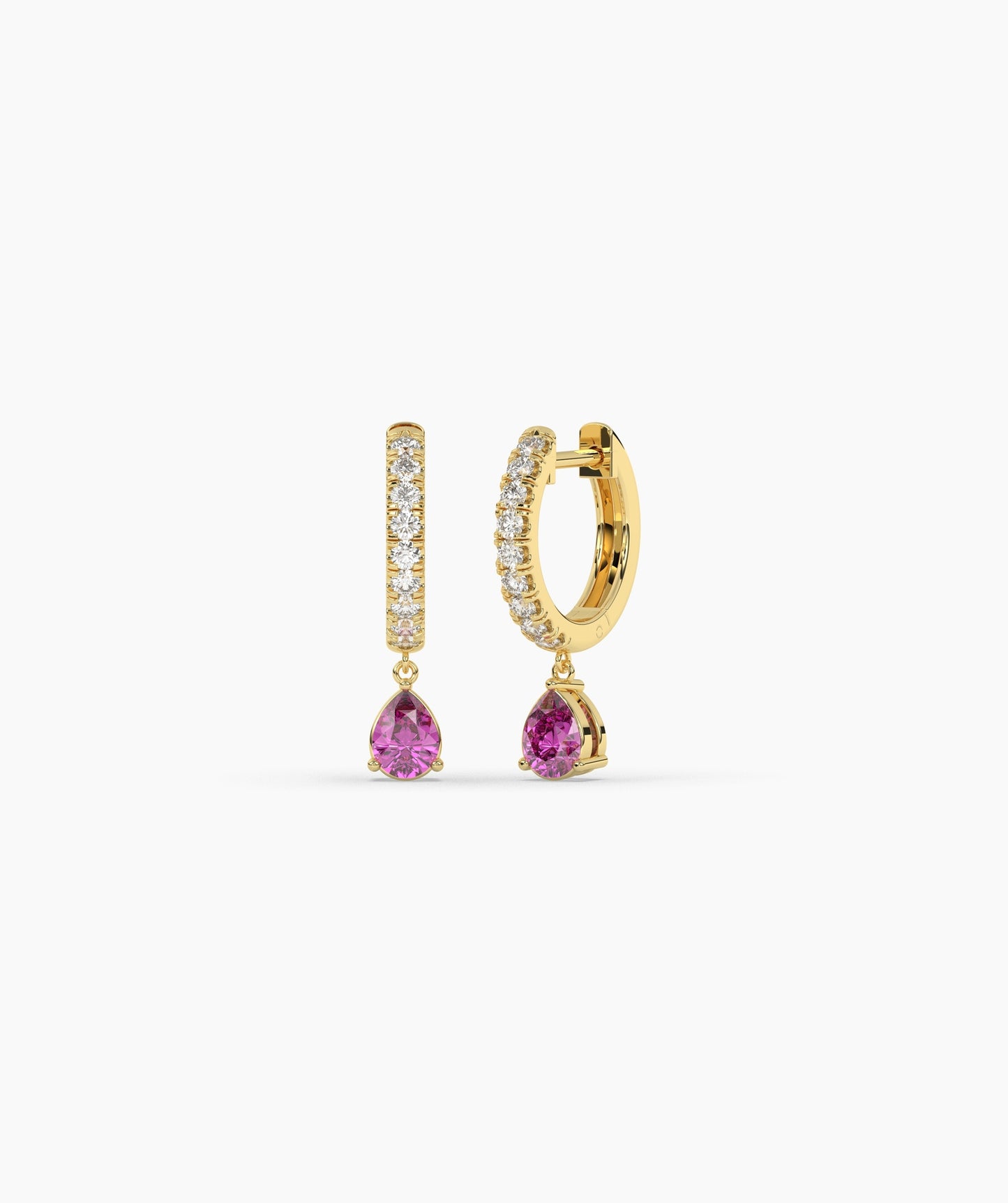 Pear Blue Diamond Drop Huggie Hoop Earrings in 14K Gold