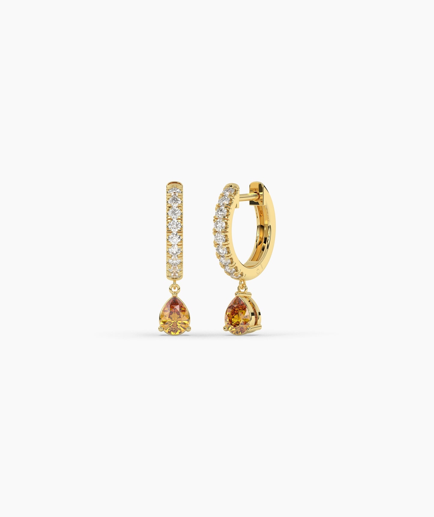 Pear Blue Diamond Drop Huggie Hoop Earrings in 14K Gold