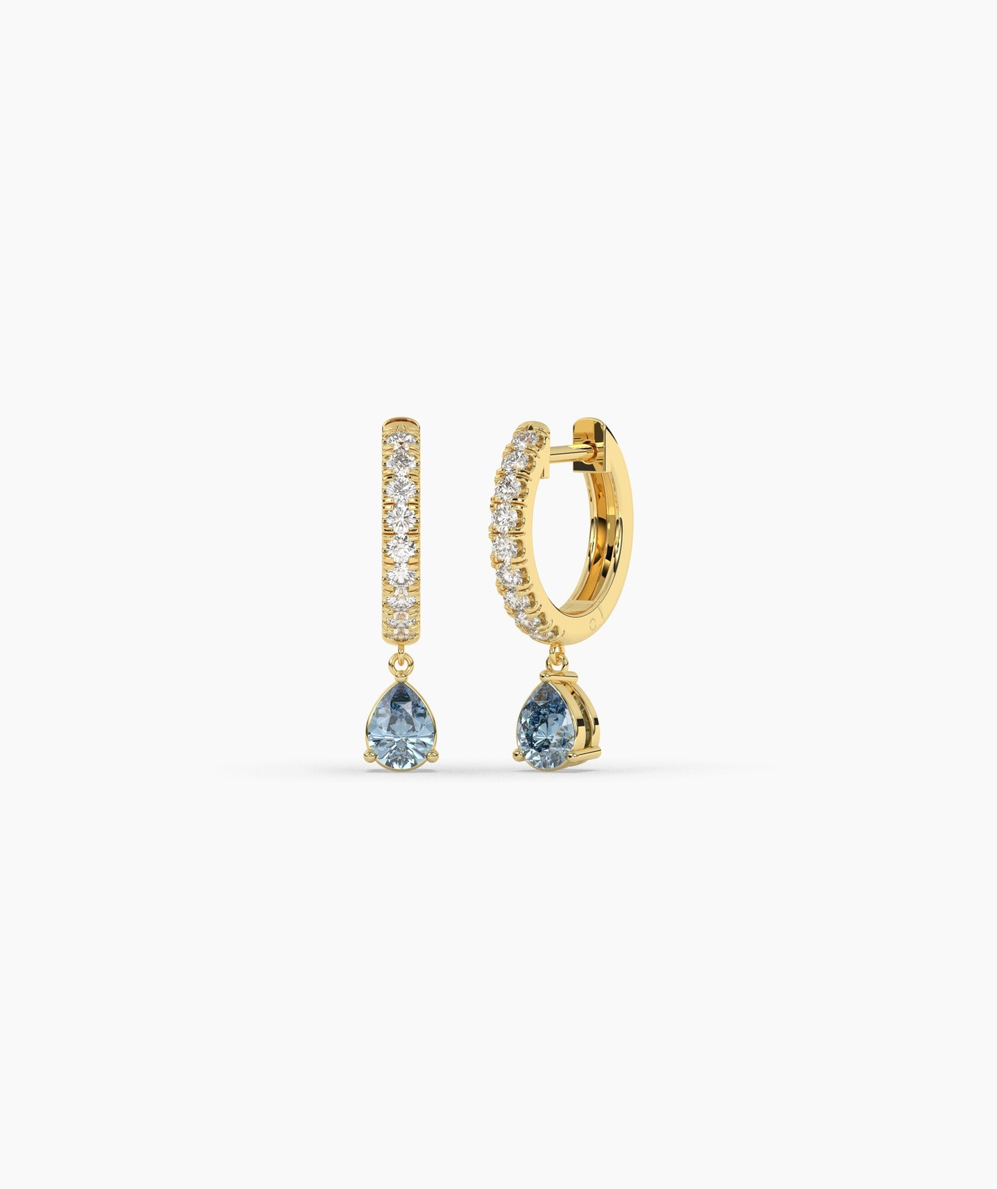 Pear Blue Diamond Drop Huggie Hoop Earrings in 14K Gold